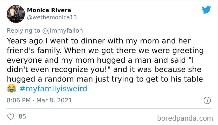 Tweet showing a funny family story shared for the my family is weird challenge on social media by Jimmy Fallon fans.