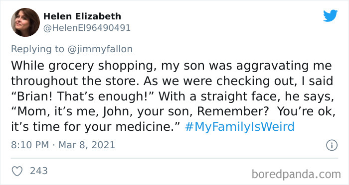 Tweet sharing a funny story about a weird family moment involving a son and mother during grocery shopping.