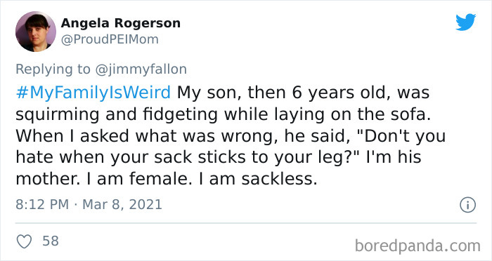 Tweet from user sharing a funny My Family Is Weird story about a son’s quirky comment while lying on the sofa.