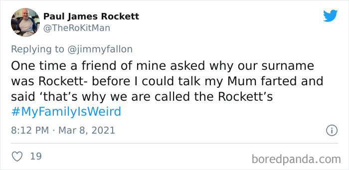 Tweet from Paul James Rockett sharing a funny My Family Is Weird story about his surname Rockett and his mum.