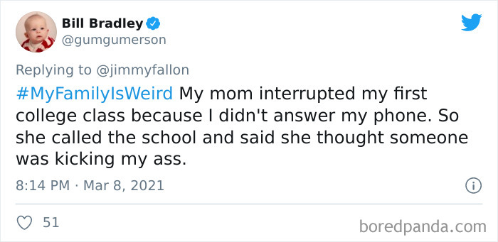 Tweet from Bill Bradley sharing a funny My Family Is Weird story about his mom interrupting his college class.
