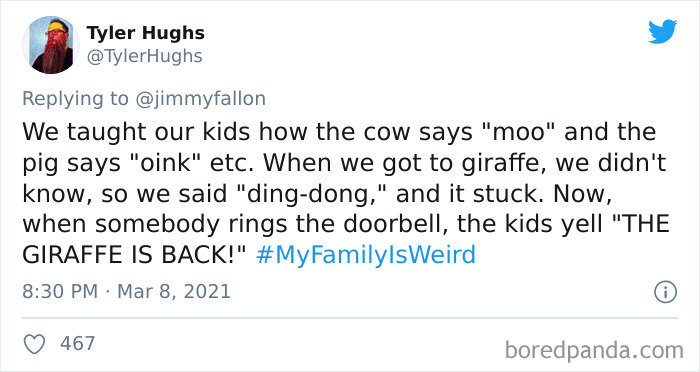 Tweet sharing a funny My Family Is Weird story about kids yelling when the doorbell rings during Jimmy Fallon’s challenge.