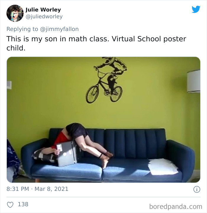 Child bending over backward on couch using laptop, a funny family moment shared for my family is weird stories.