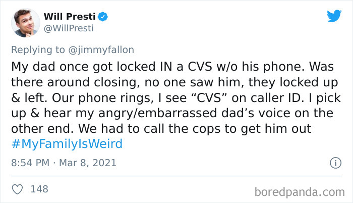 Tweet showing a funny story about a dad locked in CVS, shared as part of My Family Is Weird challenge on Twitter.
