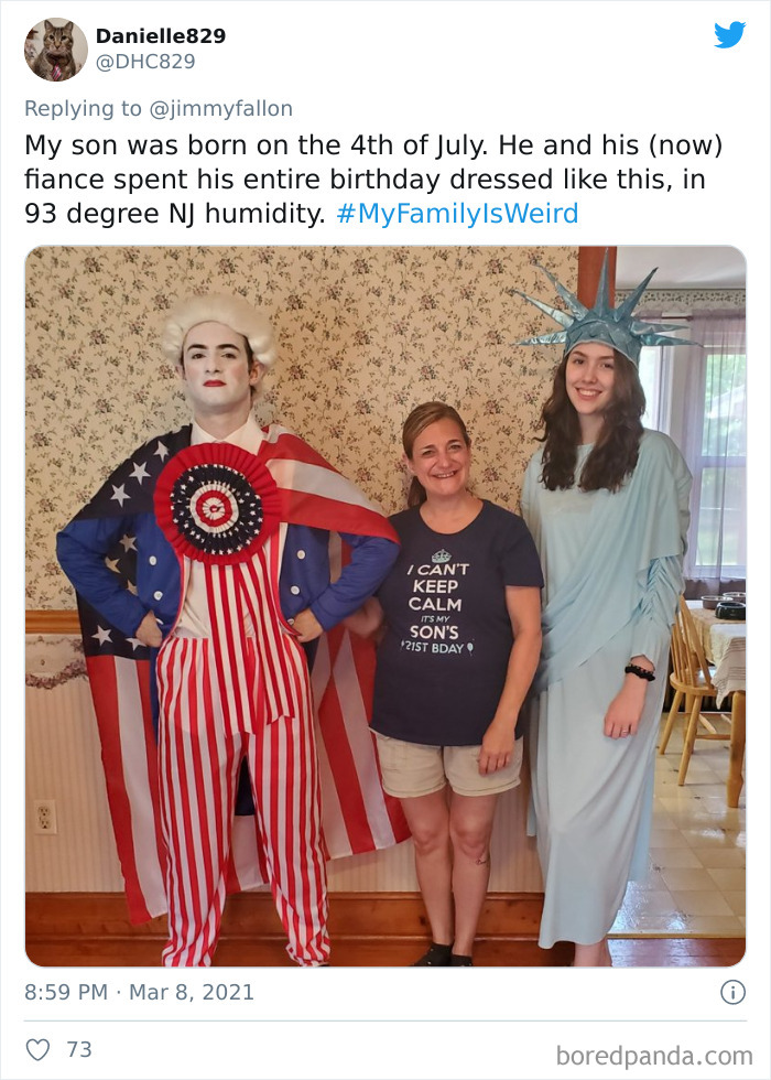 Family dressed in patriotic costumes celebrating a birthday, showcasing funny and weird family moments for social media challenge.