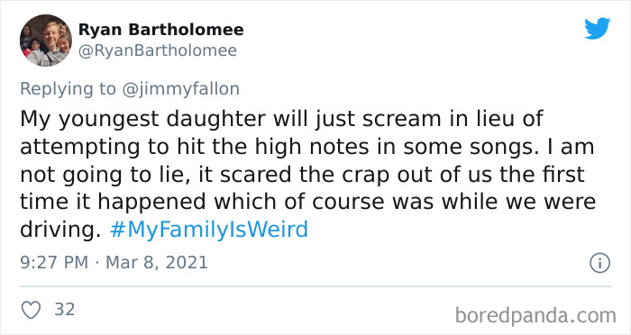 Tweet showing a funny family story shared for the My Family Is Weird challenge on Jimmy Fallon’s social media.