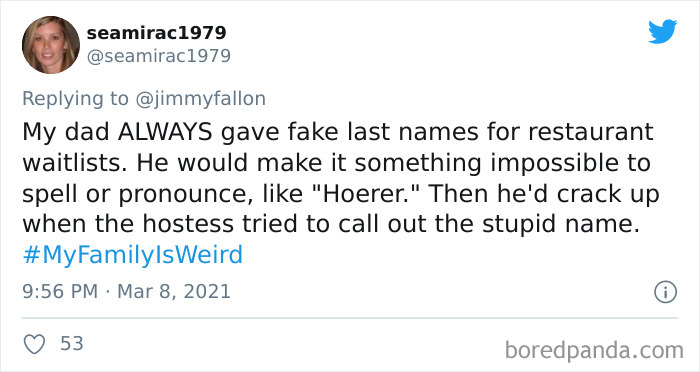 Screenshot of a tweet sharing a funny story about weird family habits for the My Family Is Weird challenge.