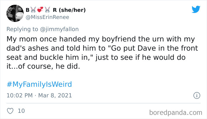Tweet sharing a funny story about a weird family moment from the My Family Is Weird challenge on Jimmy Fallon.