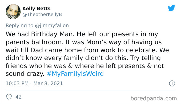 Tweet sharing a funny story about family traditions with the hashtag My Family Is Weird for a social media challenge.