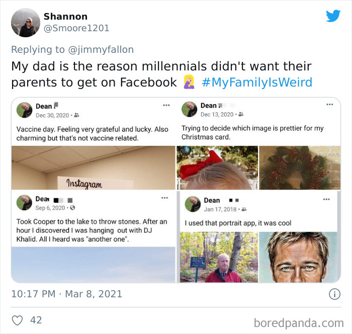 Social media posts sharing funny my family is weird stories for a humorous online challenge.