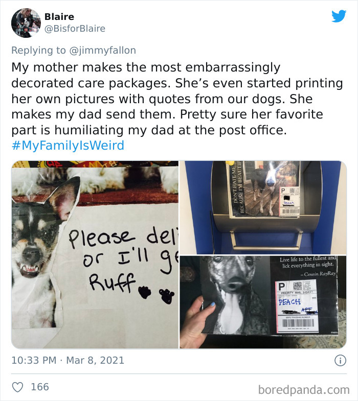 Tweet sharing a funny family story about weirdly decorated care packages with dog pictures for the My Family Is Weird challenge.