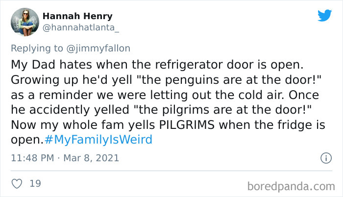 Screenshot of a tweet sharing a funny story about a family refrigerator routine for the My Family Is Weird challenge.