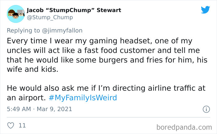 Tweet about a funny family story involving a gaming headset and a quirky uncle shared for My Family Is Weird challenge.