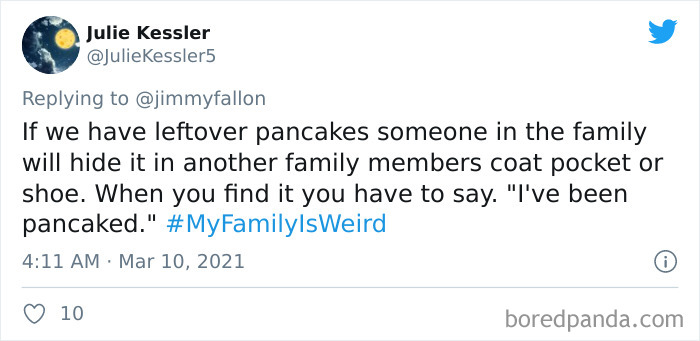 Tweet showing a funny family story about hiding leftover pancakes, part of My Family Is Weird stories shared online.