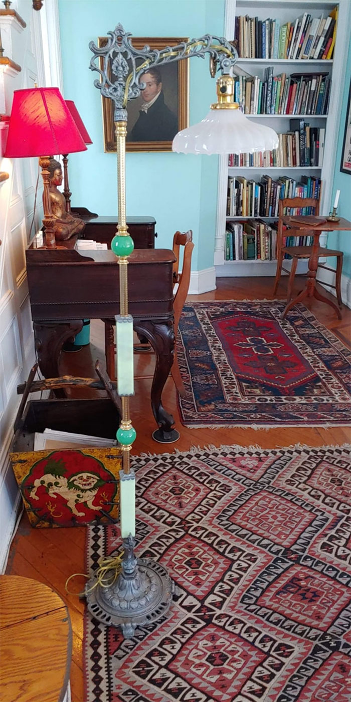 Score! Free Lamp Made Of Recycled Antiques Given To Me By My Uncle. No Banana For Scale But It's About 5ft Tall. Pretty Sure All The Green Stones Are Jade!