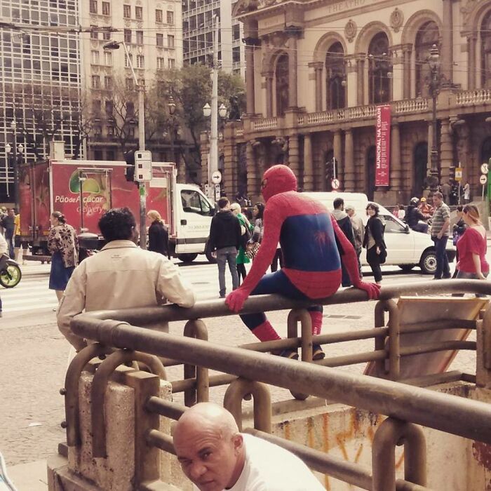 I'm Not Sure If This Tired Brazilian Siper-Man, Or The Guy Looking Sneakily At The Camera At The Time Of The Photo, Is The Funniest (The Photo Is Already About 12 Years Old And Was Captured In The Old Center Of São Paulo)