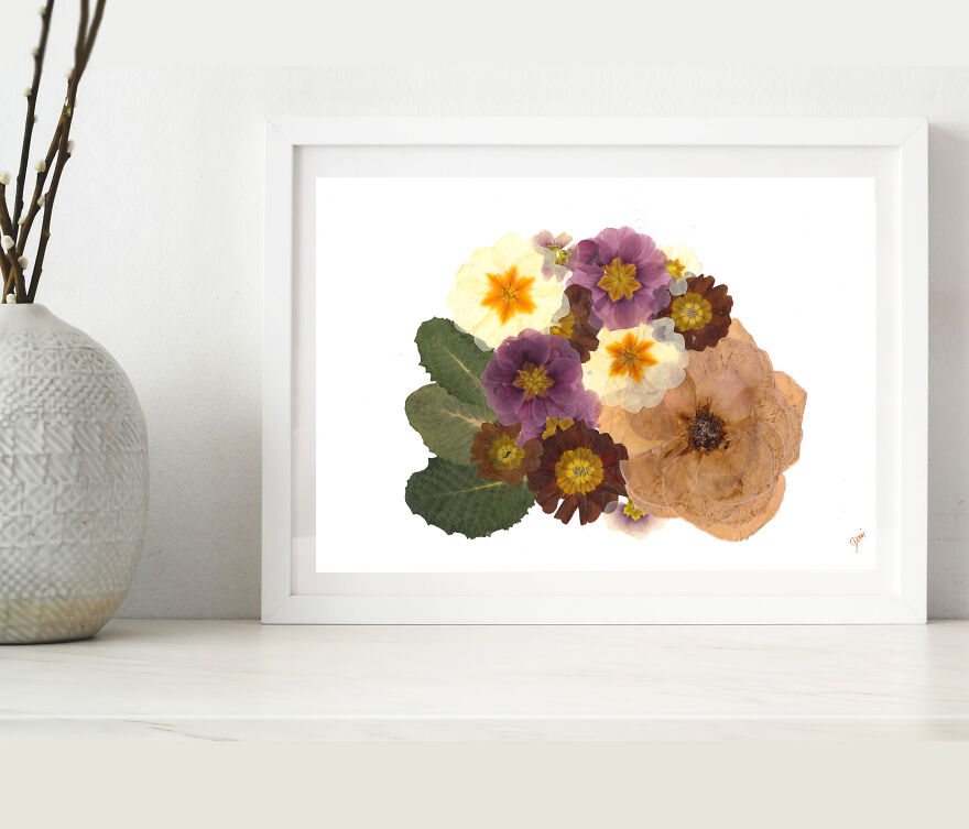 Simple Bouquet From Pressed Rose And Primroses