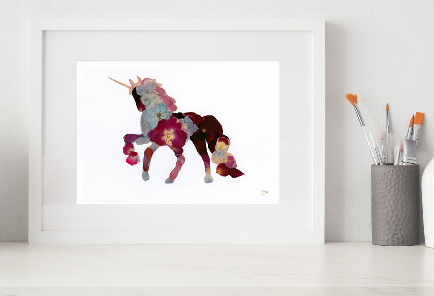 Unicorn Made From Pressed Rose Petals, Hydrangea, And Delphinium