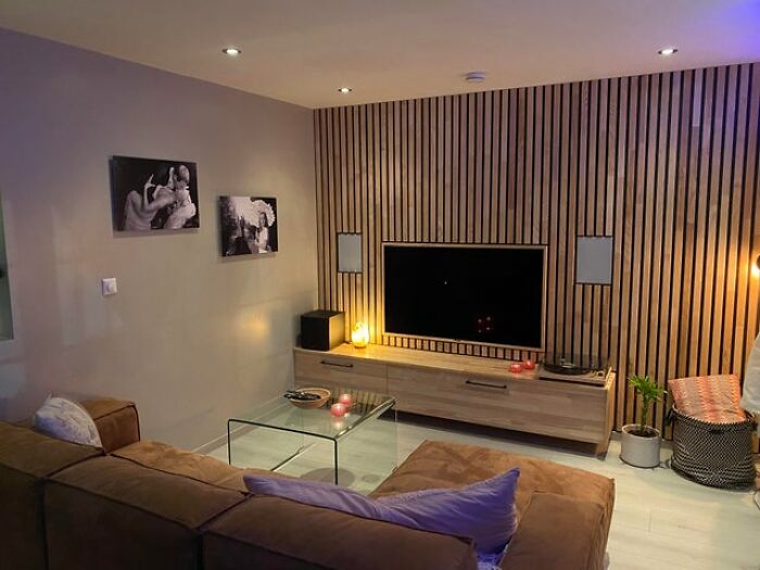 I Built Me A Wall And TV-Bench With Integrated TV And Speakers. Great Fun. The Wood Is Ash