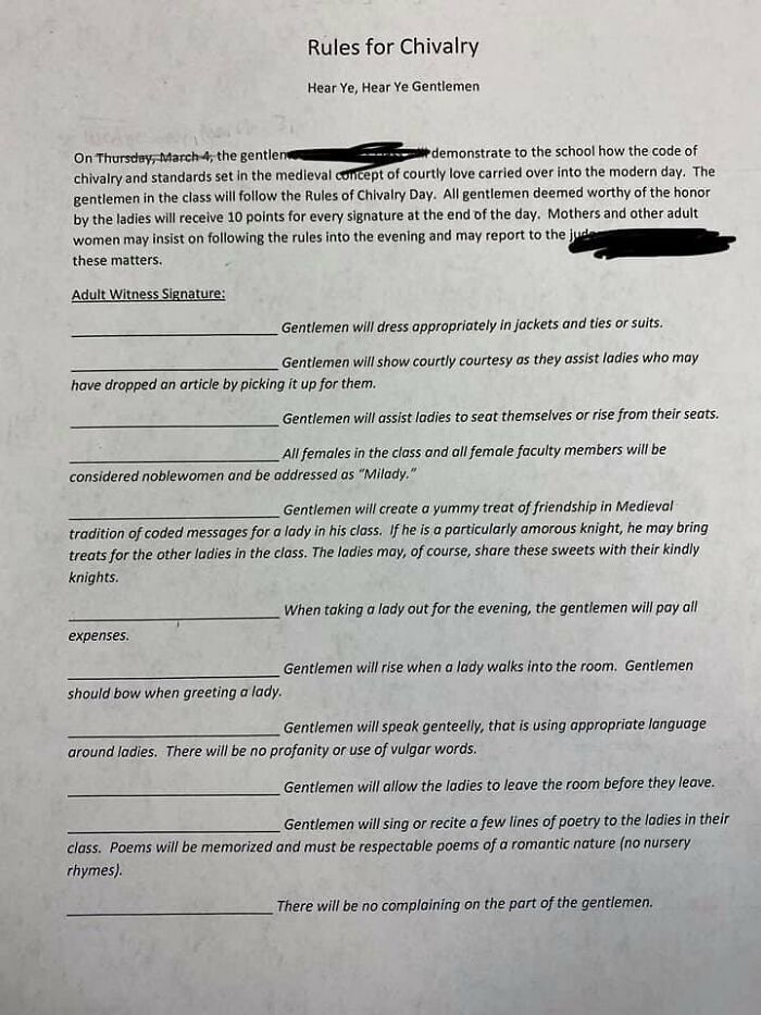 Teacher Gives 'Chivalry' History Lesson, Assigns Students To Follow Outdated Sexist 'Chivalric' Rules For A Day Teacher Gives 'Chivalry' History Lesson, Assigns Students To Follow Outdated Sexist 'Chivalric' Rules For A Day