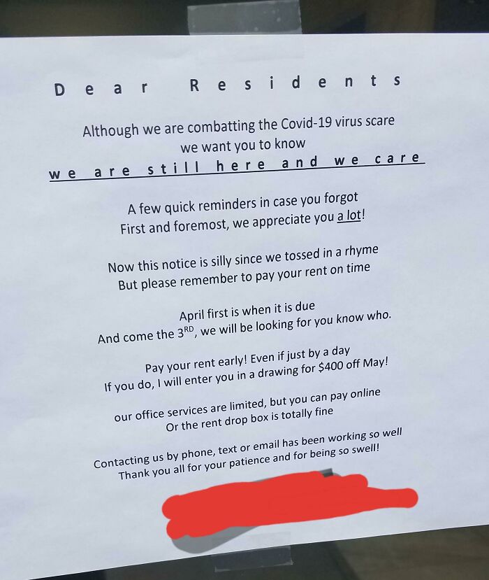 The Landlord Writes A Cutesy Speech, We Won’t Pay Rent You Leech