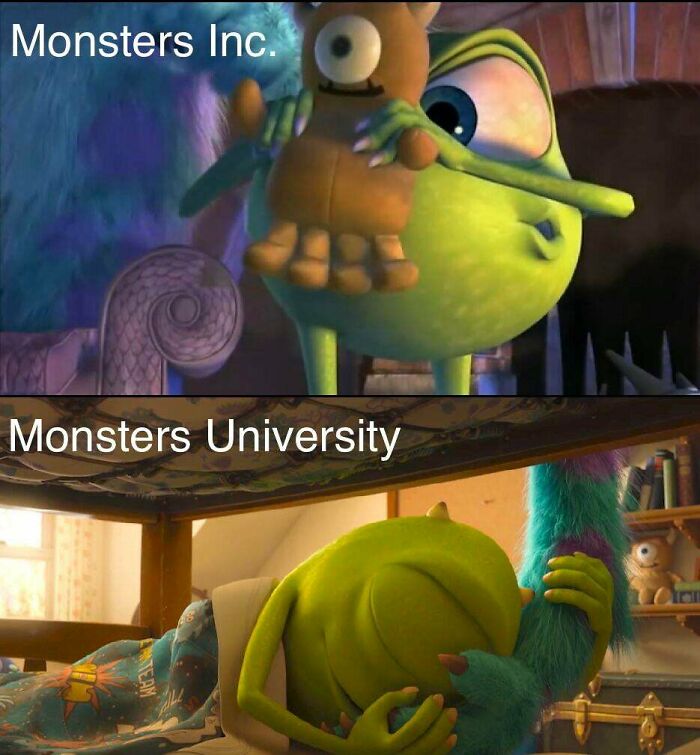 In Monsters University (2013), Mike Wazowski’s Stuffed Teddy Bear Little Mikey, Which He Humorously Didn’t Want Boo To Touch In Monsters Inc. (2001), Is Shown Sitting On His Dorm Room Shelf