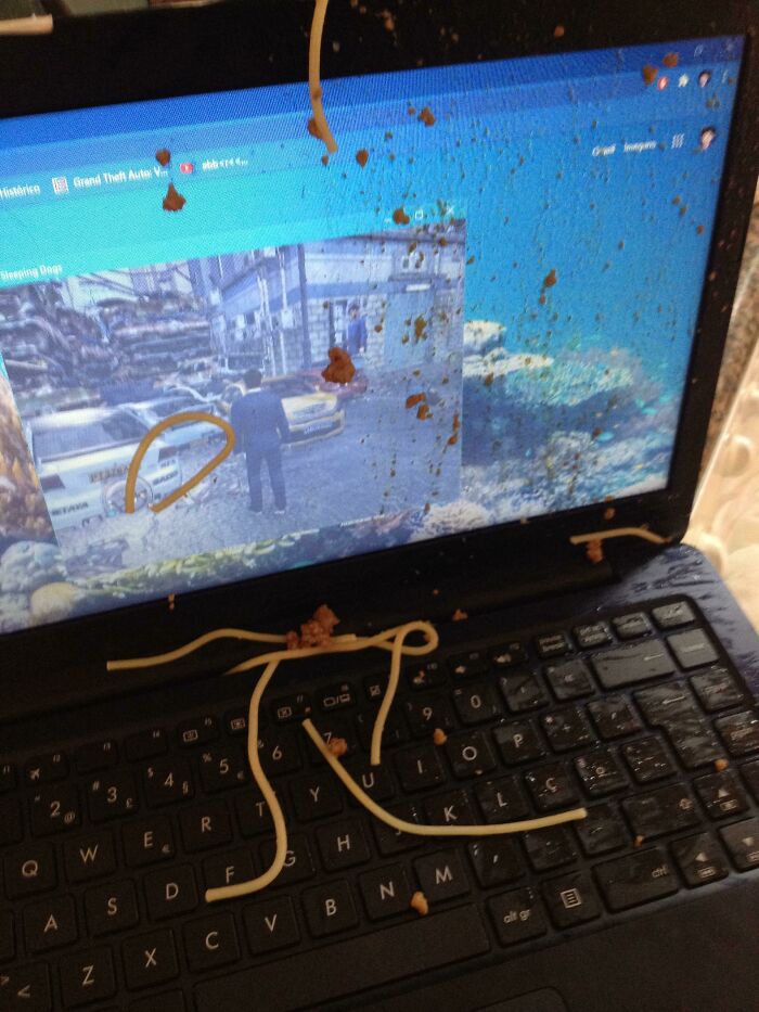 My Brother Wanted To Turn Off His Laptop With A Plate With Food In The Other Hand....