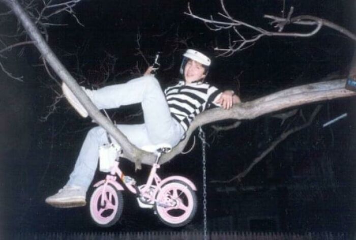 Posing In A Tree With My Cousin’s Bike, Trying To Look “Casual”