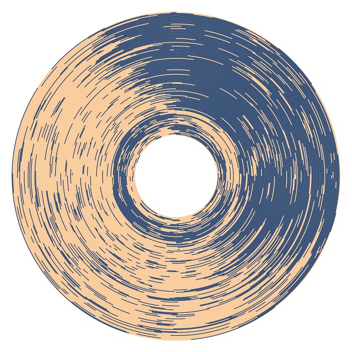 My Daughters Sleeping Patterns For The First 4 Months Of Her Life. One Continuous Spiral Starting On The Inside When She Was Born, Each Revolution Representing A Single Day. Midnight At The Top (24 Hour Clock)