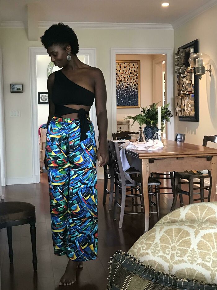 So I Thought I Would Show Off My Latest Project. I Finally Had My Designs Made Into Nepalese Silk And Stitched To Make Pallazzo Pants.