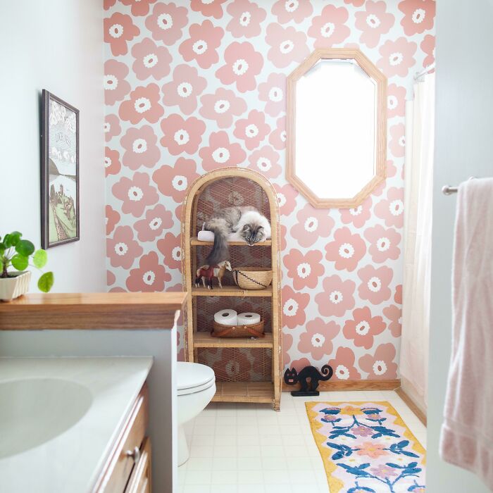 I Really Wanted Wallpaper In Our Bathroom, But I Couldn’t Afford It...so I Painted It! I Used Leftover Paint Samples From Another Project. I Hand Sketched The Flowers Based On A Marimekko Pattern