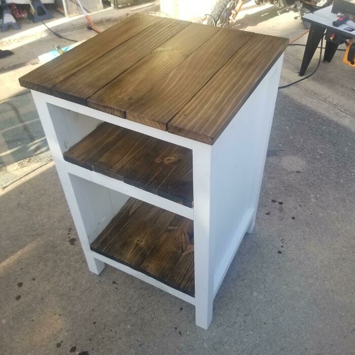It Took 3 Months, But My 7 Year Old Finally Finished His First Nightstand! Loads Of Supervision, Patience, And Hands On Hands Cuts With The Saws From Me, But He Legit Did 90+% Of The Work. The White Cabinet Is So He Can Cover It With Stickers. Build Info In Comments