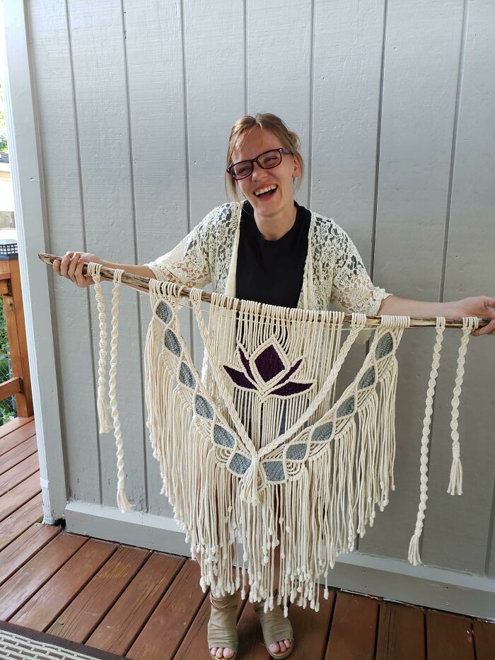 I Made This Large Macrame Lotus For A Fellow Redditor... Excuse The Dopey Smile I’m Just So Happy With It!!