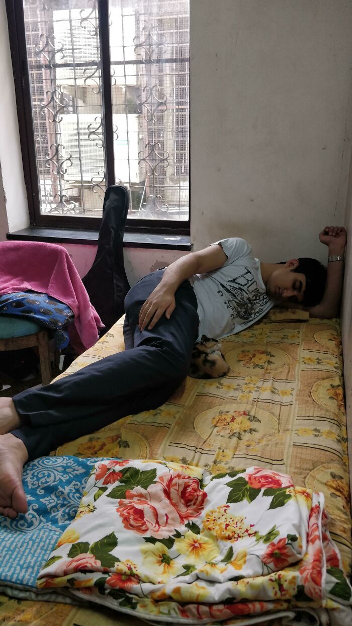 This Is My Flatmate Sleeping And Right Next To Him Is Our Adopted Kitten Olive. At The Time Of This Photo She Is 3 Days Old In Our House And She Has Already Taken Over Everything. She Is Our Queen Now!