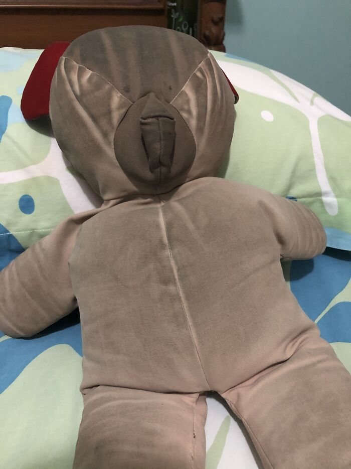 Dirty Teddy. Have Been With Me For Almost 40 Years. Lost His Eyes Long Time Ago And Is Stitched In The Back. I Can’t Sleep Without Him.