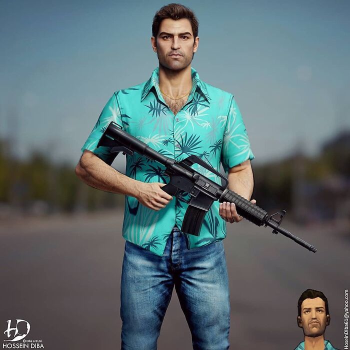 Realistic recreation of a famous pop culture character holding a rifle, wearing a teal Hawaiian shirt and blue jeans.