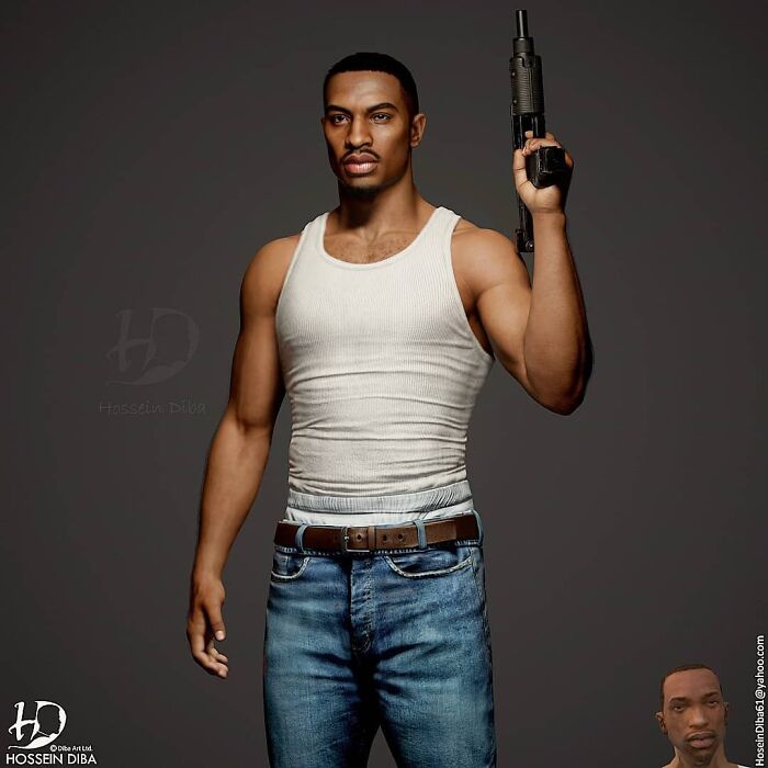 Realistic recreation of a famous pop culture character as a real person, holding a gun and wearing a white tank top and jeans.