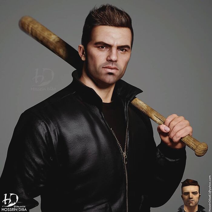 Realistic recreation of a famous pop culture character as a real person holding a wooden baseball bat over his shoulder.