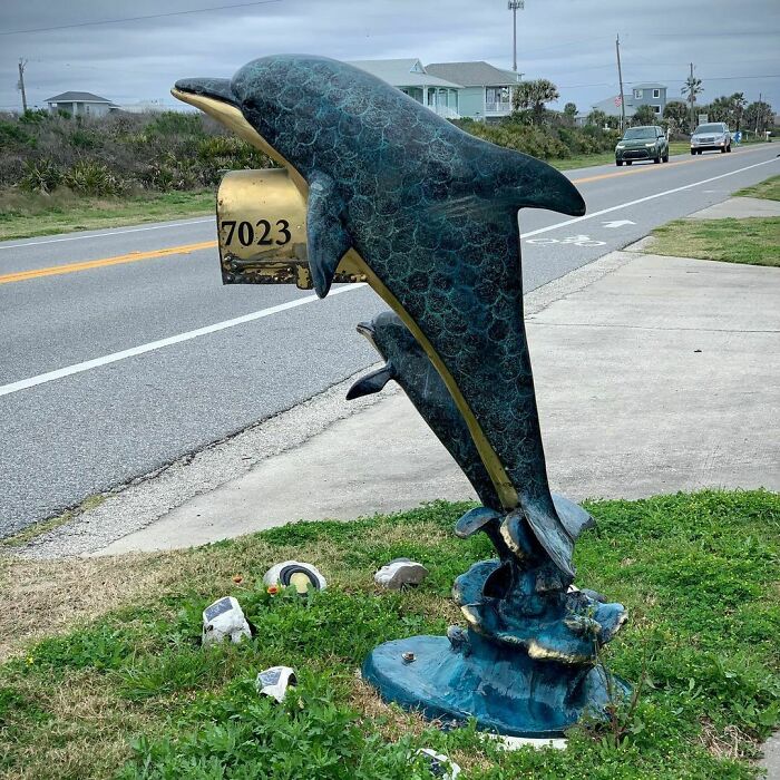 Dolphin-shaped creative mailbox holding a gold mail slot with house number on a roadside near a grassy lawn.