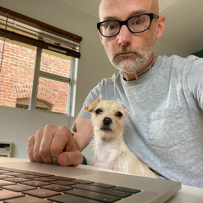 Man wearing glasses sitting with his small dog by a laptop, showing celebrity love for dogs in a home office setting.