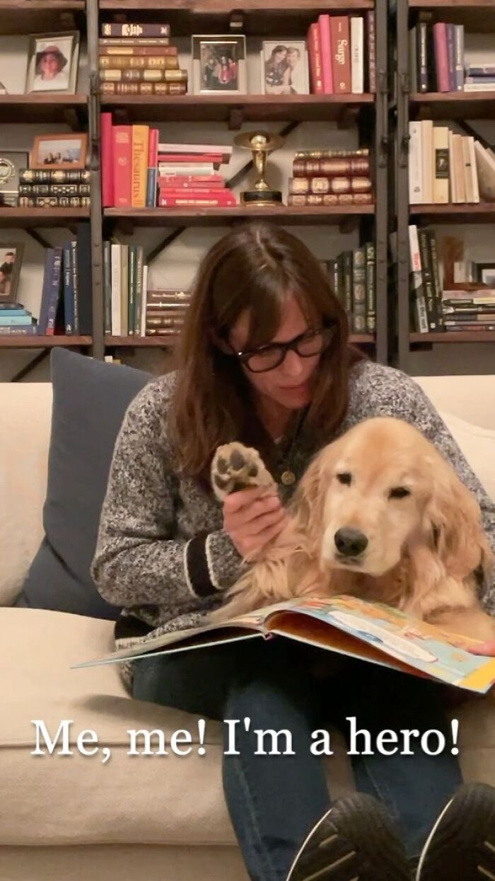 Woman reading a book with her golden retriever, showing the immense love for dogs in a cozy home setting.