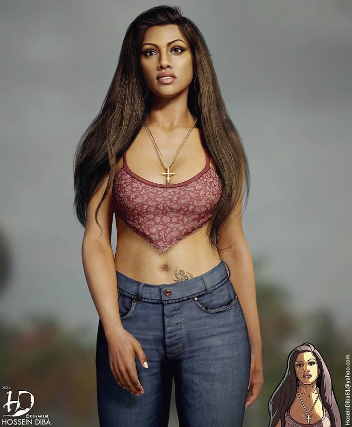 Realistic digital art of a woman inspired by pop culture recreated as a real person by an artist.