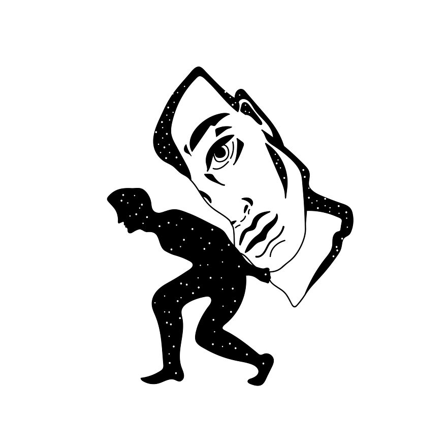 Philosophical tattoo sketch of a figure carrying a large face, symbolizing mental struggle and weight.