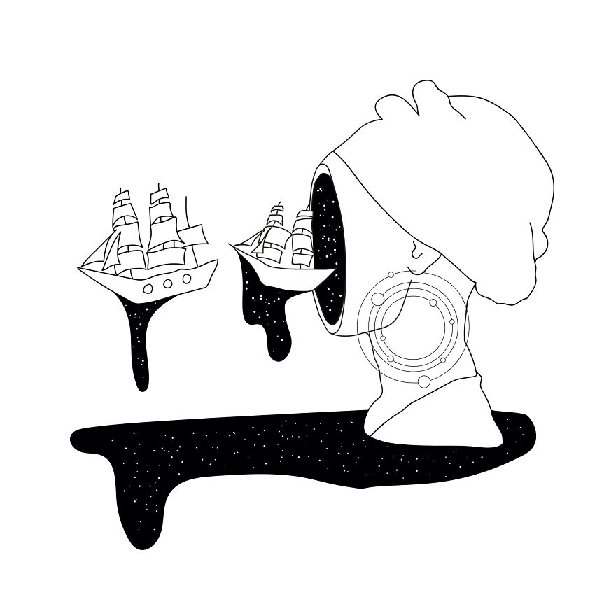 Philosophical sketch by tattoo artist depicting a surreal scene with ships emerging from a stylized diver's helmet.