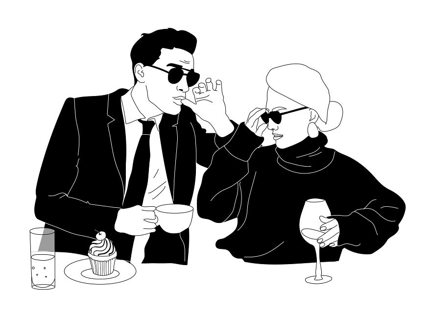 Philosophical sketch of two people in sunglasses, enjoying drinks at a table with a cupcake.