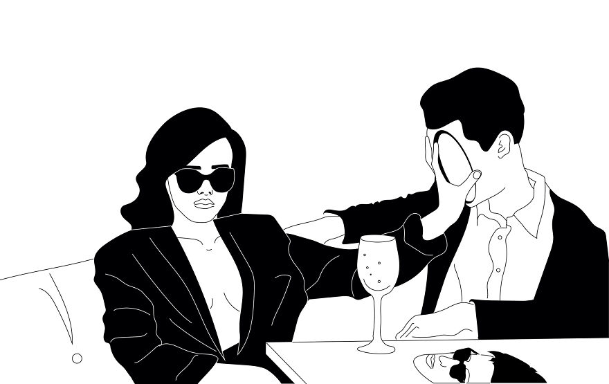 Tattoo artist's philosophical sketch showing a woman in sunglasses pushing away a man's face, with a glass of wine nearby.