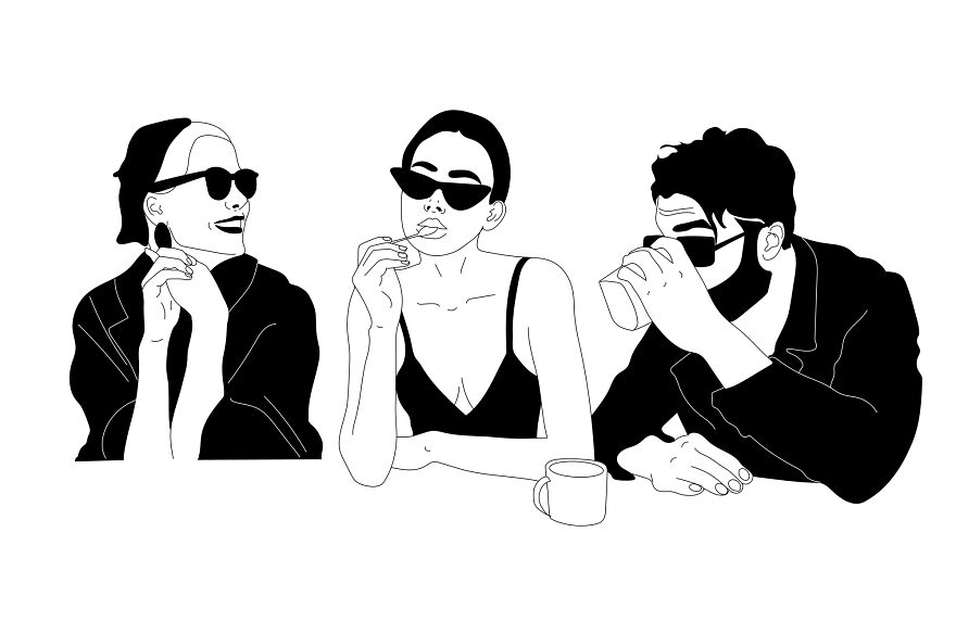 Three people in sunglasses at a table, sipping drinks, embodying philosophical sketches by a tattoo artist.