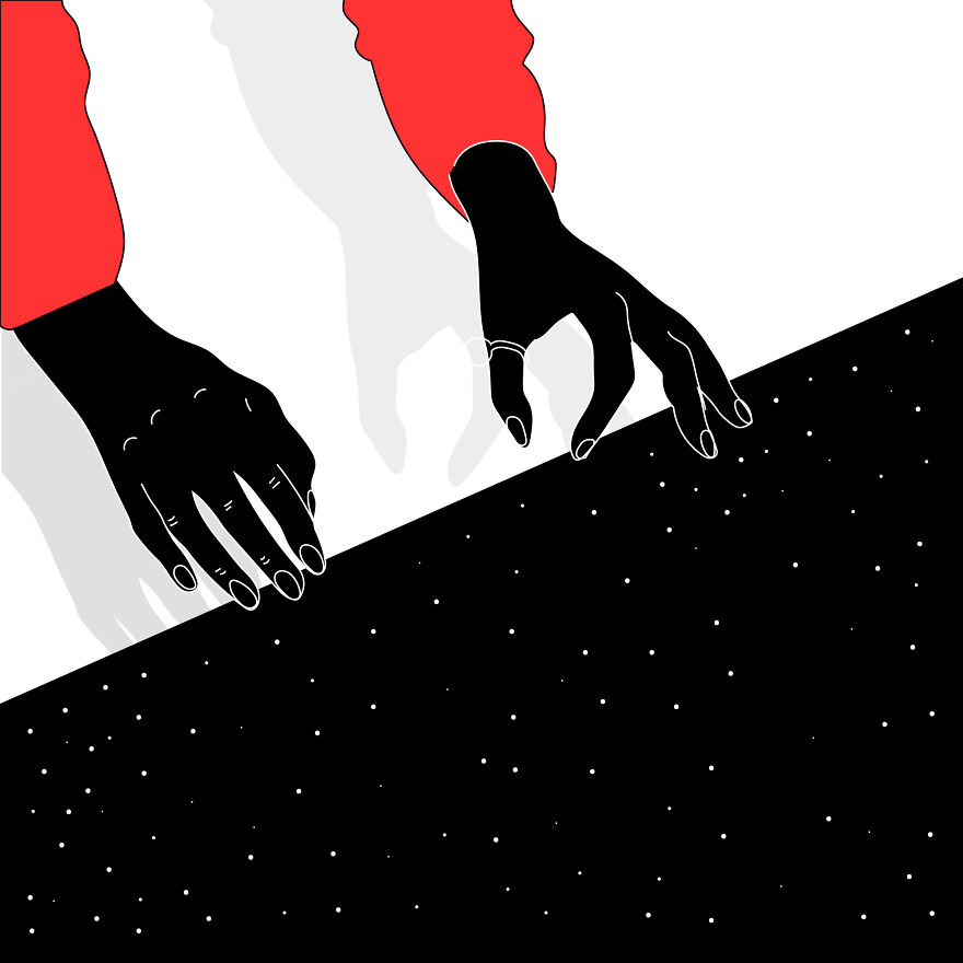 Philosophical tattoo artist sketch of hands over starry space, conveying deep thought and emotion.