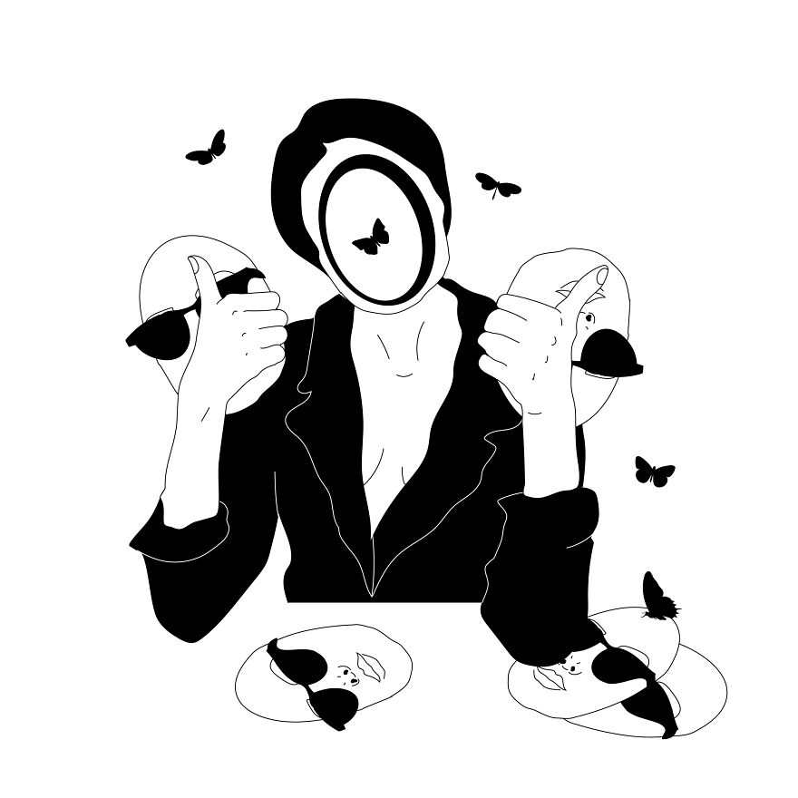 Philosophical sketch with faceless figure, butterflies, and abstract faces, representing tattoo artist's mental crisis expression.