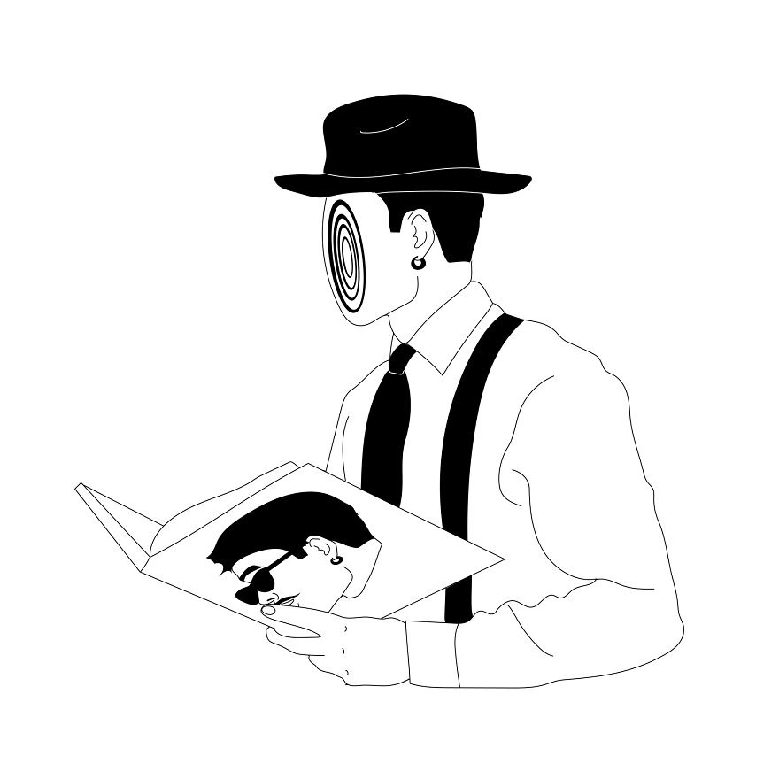 "Philosophical sketch by tattoo artist depicting a figure with a swirl face reading a book, wearing a hat and suspenders."